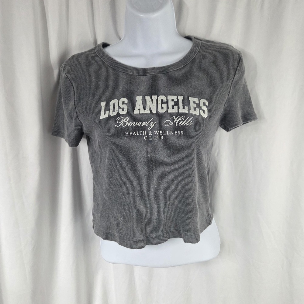 Social Culture Shirt Womens Small Gray Los Angeles Beverly Hills Cropped Top